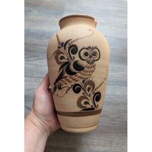 Vintage Tonala Mexican Pottery Vase Owl Sandstone Folk Art Mexico 8.5 Inch